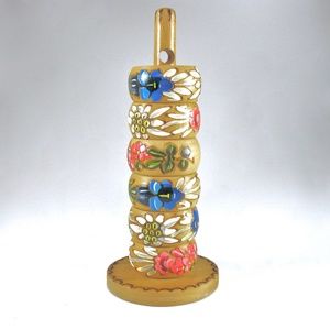 Wood Floral Napkin Rings, Set Six Stacking, Stand